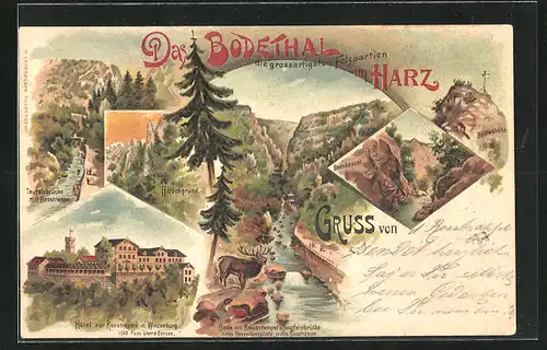 Lithographie Thale im Harz, Bodethal, Hotel zur Rosstrappe m Winzenburg, Bodekessel, Hirschgrund