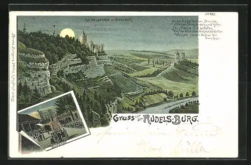 Lithographie Rudelsburg, Ortsansicht mit Saaleck, Burghof