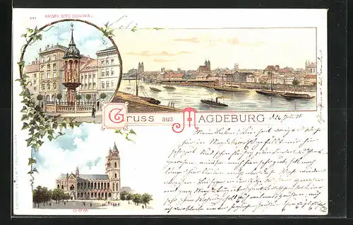 Lithographie Magdeburg, Kaiser Otto Denkmal, Dom, Flusspartie mit Dampfern