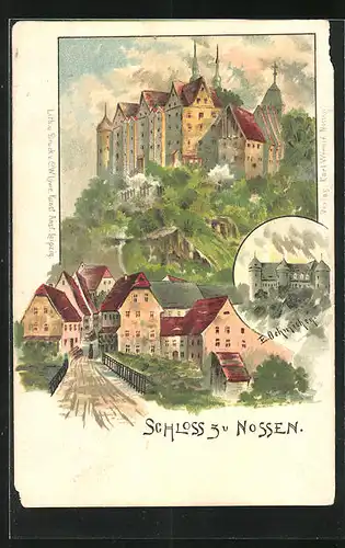 Lithographie Nossen, Strassenpartie mit Schloss