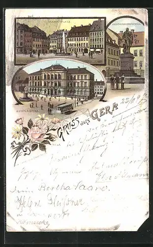 Lithographie Gera, Gymnasium mit Strassenbahn, Posthumusdenkmal, Marktplatz