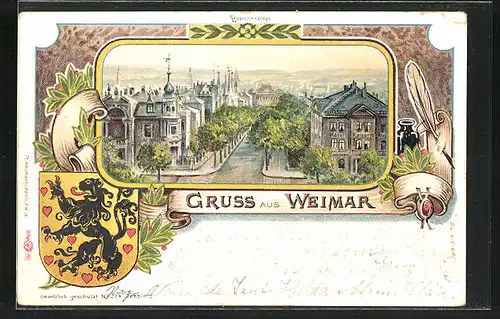 Lithographie Weimar, Strassenpartie aus der Vogelschau, Wappen