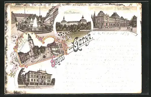 Lithographie Gotha, Schloss Friedenstein, Kaiserl. Postmat, Lebens-Versicherungs-Bank