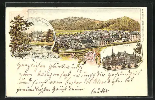 Lithographie Friedrichroda, Kurhotel, Panorama mit Hügeln