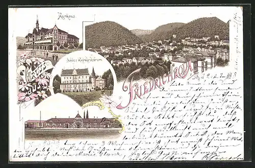 Lithographie Friedrichroda, Kurhotel, Schloss Reinhardsbrunn, Neuer Bahnhof