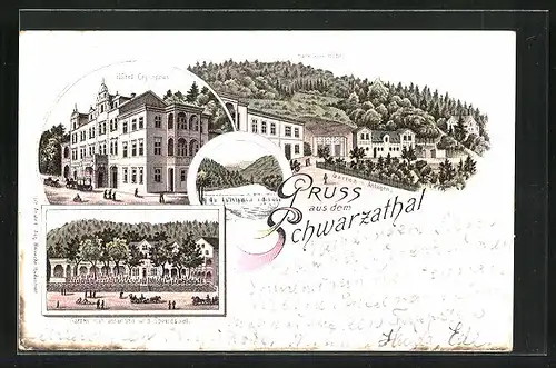Lithographie Schwarzburg, Schwarzathal mit Hotel Crysopras und Park, Garten mit Veranden und Seisesaal