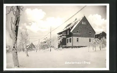 AK Schellerhau i. Erzgeb., Blick auf Lebensmittelhaus im Schnee