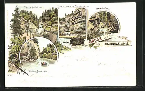 Lithographie Edmundsklamm, Restaurant in der Klamm, Hintere und Vordere Bootstation