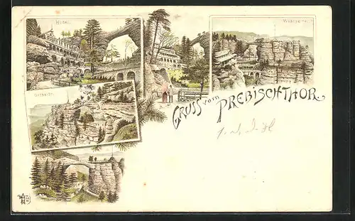 Lithographie Prebischthor, Hotel, Ostseite und Westseite