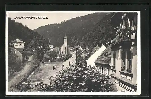 AK Tellnitz, Restaurant Waldschlösschen, Strassenpartie mit Kirche