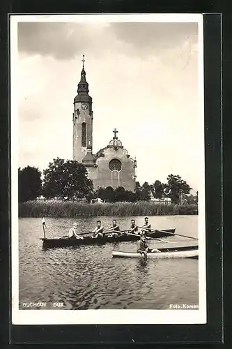 AK Dux / Duchcov, Uferpartie mit Kirche