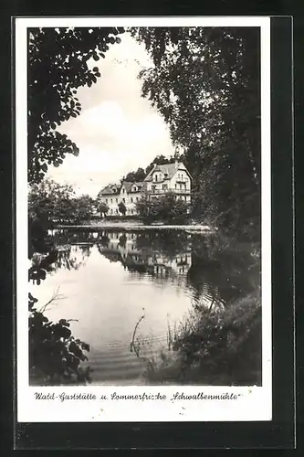 AK Mühlbach b. Eger, Waldgasthaus Schwalbenmühle vom Wasser aus