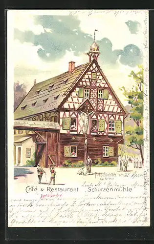 Lithographie Pirkenhammer b. Karlsbad, Cafe Restaurant Schützenmühle