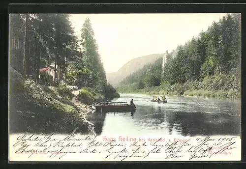 AK Karlsbad, Hans Heiling, Angler am Fluss mit vorbeifahrendem Boot