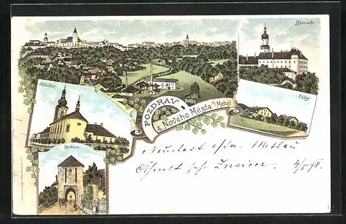 Lithographie Nového Mesta n. Metuji, Zamek, Vily, Klaster, Branza