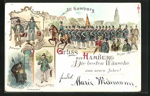 Lithographie Hamburg, Aaalweber, Nachtwächter, Bürgermilitär und Piepenreimers