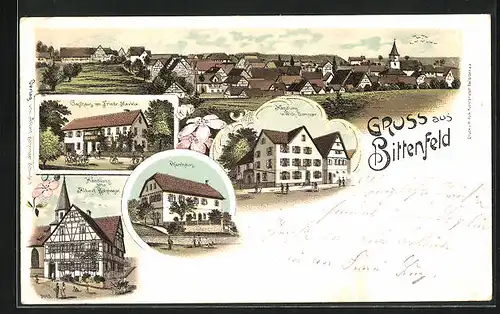 Lithographie Bittenfeld, Gasthaus von Friedrich Merkle, Handlung von W. Sommer
