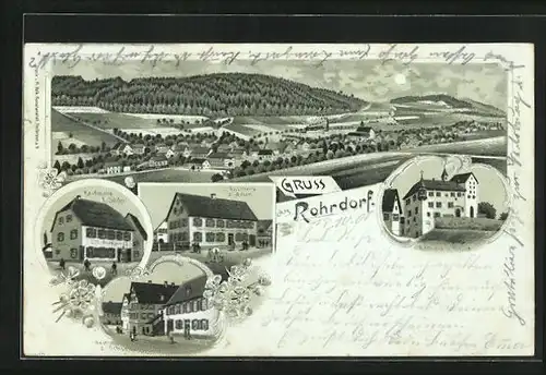 Mondschein-Lithographie Rohrdorf, Gasthaus z. Adler, Gasthaus z. Ochsen, Kaufmann E. Sitzler