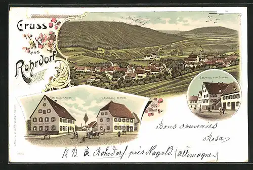 Lithographie Rohrdorf, Gasthaus z. Adler, Gasthaus z. Ochsen, Kaufmann E. Sitzler