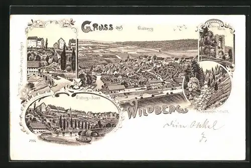 Lithographie Wildberg, Hexenturm, Panorama, Litzengraben-Schlucht