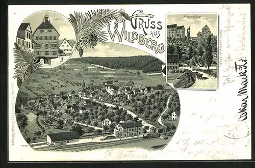 Lithographie Wildberg, Klosterbrücke, Rathaus, Panorama