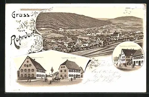 Lithographie Rohrdorf, Gasthaus z. Adler, Gasthaus z. Ochsen, Kaufmann E. Sitzler