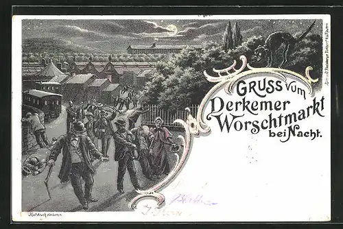 Lithographie Bad Dürkheim, Derkemer Worschtmarkt bei Nacht