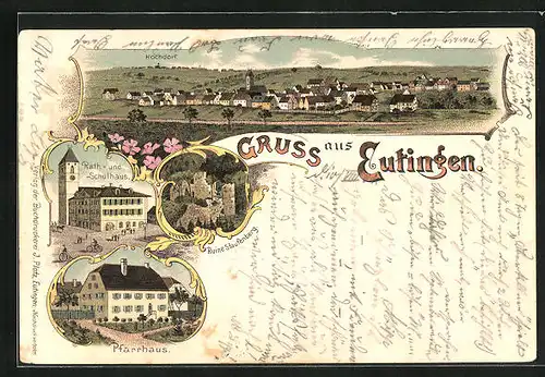 Lithographie Eutingen, Rathaus und Schule, Panorama, Pfarrhaus