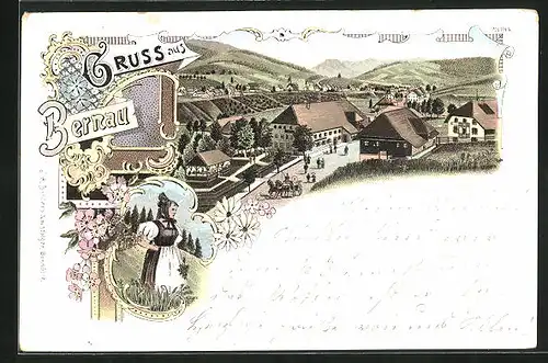 Lithographie Bernau, Ortspartie mit Strasse, Tracht