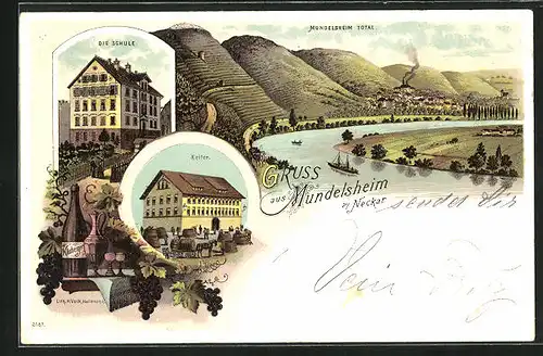 Lithographie Mundelsheim, Kelterei, Schule, Panorama