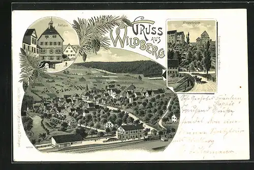 Lithographie Wildberg, Klosterbrücke, Rathaus, Panorama