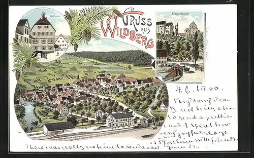 Lithographie Wildberg, Rathaus, Klosterbrücke, Totalansicht
