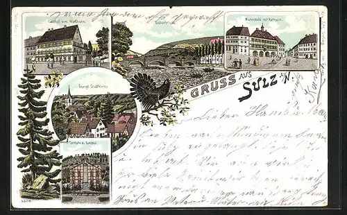 Lithographie Sulz a. N., Gasthof zum Waldhorn, Turnhalle m. Denkmal, Neckarbrücke