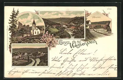 Lithographie Weissenstein, Ruine Rabeneck, Wasserfall, Totalansicht