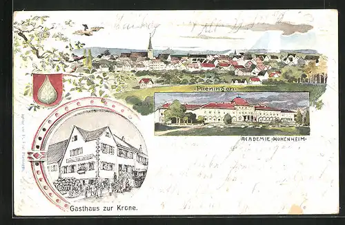 Künstler-AK Plieningen, Gasthaus zur Krone, Akademie Hohenheim, Panorama