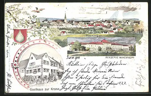 Künstler-AK Plieningen, Gasthaus zur Krone, Akademie Hohenheim, Panorama