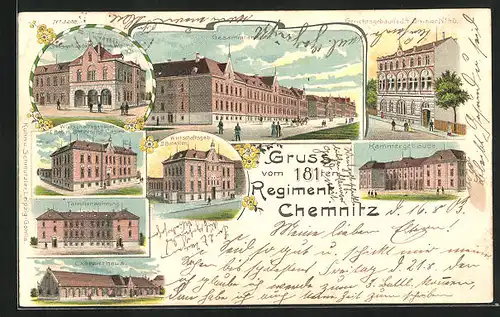 Lithographie Chemnitz, Kaserne vom 181. Regiment, Exerzierhaus, Stabsgebäude