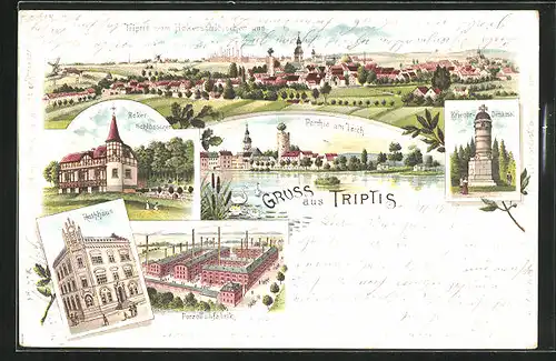 Lithographie Triptis, Hoker-Schlösschen, Porzellanfabrik, Rathaus