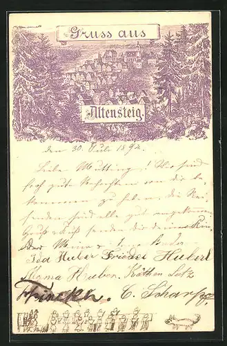 Lithographie Altensteig, Panoramablick auf die Ortschaft