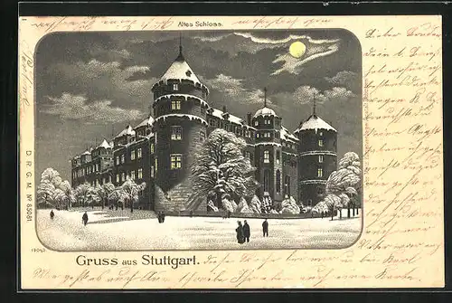 Winter-Lithographie Stuttgart, Altes Schloss bei Nacht