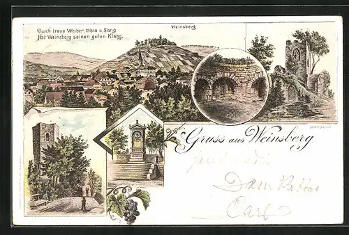 Lithographie Weinsberg, Totalansicht, Denkmal