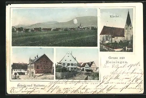 AK Heiningen, Totalansicht, Kirche, Schul- und Rathaus