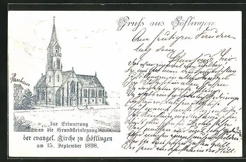 Lithographie Söflingen, Zur Erinnerung an die Grundsteinlegung der evangl. Kirche 1898