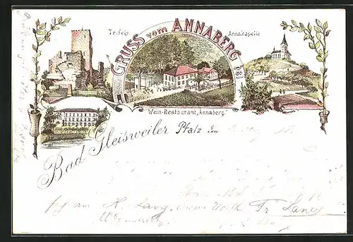 Lithographie Burrweiler, Restaurant Annaberg, Burg-Ruine Trifels, Annakapelle
