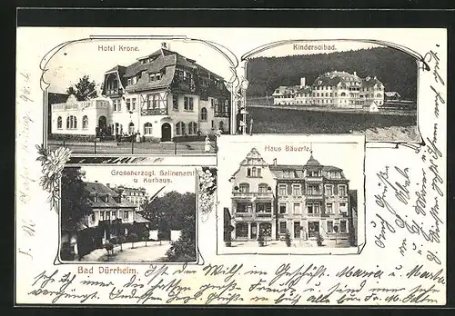 AK Bad Dürrheim, Hotel Krone, Kindersolbad, Grossherzogl. Salinenamt und Kurhaus, Haus Bäuerle