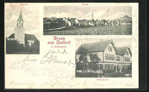 AK Ostdorf bei Balingen, Kirche, Schulhaus, Totalansicht