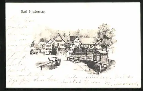 Künstler-AK Eugen Felle: Bad Niedernau, Teilansicht mit Brücke