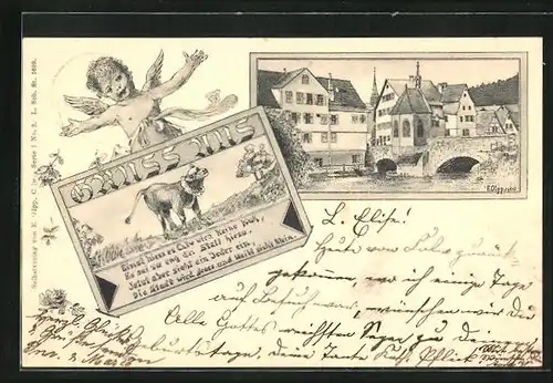 Lithographie Calw, Ortspartie mit Fluss und Brücke, Engel, Kuh mit Kranz