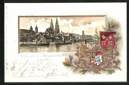 Passepartout-Lithographie Regensburg, Eiserne Brücke, Wappen