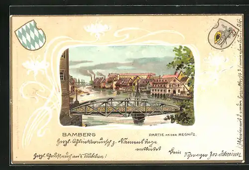 Passepartout-Lithographie Bamberg, Partie an der Regnitz